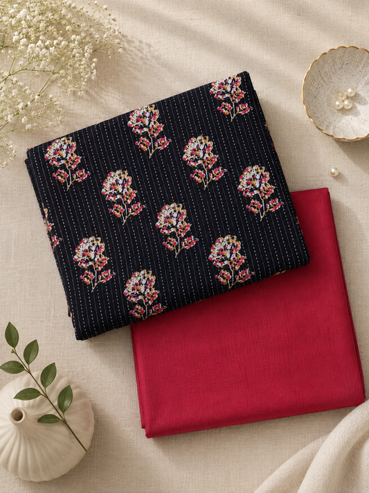 Black Floral Buta Cotton Suit Set