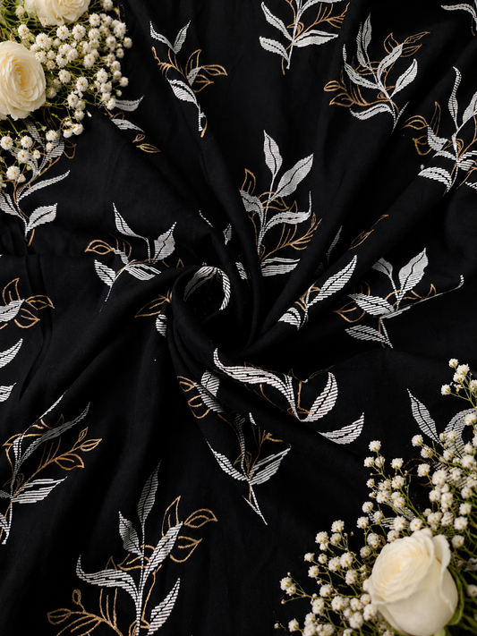 Deep Black with Beige Leaves Printed Modal Rayon Fabric