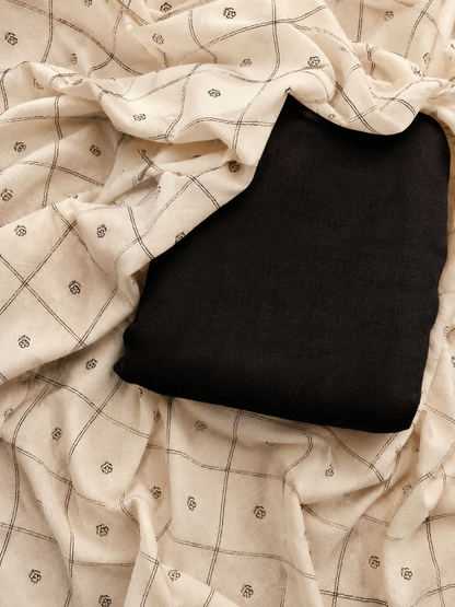 Deep Black Linen Blend Suit Fabric with Linen Blend Cotton Dupatta