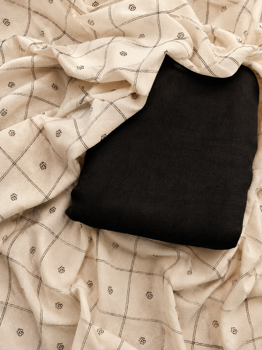 Deep Black Linen Blend Suit Fabric with Linen Blend Cotton Dupatta