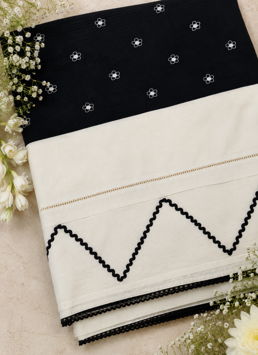 Black White Floral Double fabric Cotton Suit Set & Kota Cotton Bottom with designer lace on border