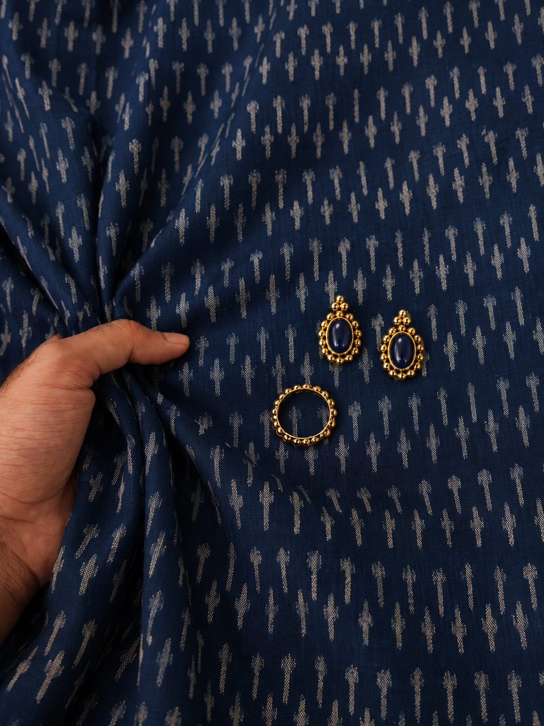 Navy Blue Ikat Print Cotton Fabric