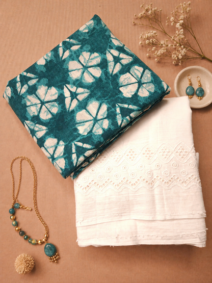 Teal Floral Print Cotton Linen Kurta with White Cotton Schiffli Bottom Suit Set