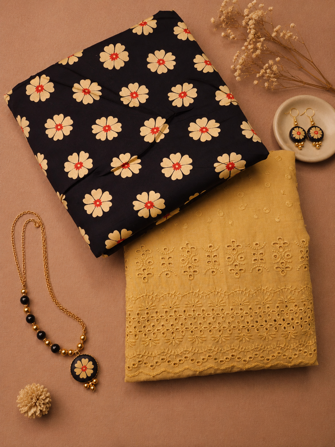 Black Floral Modal Rayon Kurta Fabric with Mustard Cotton Schiffli Bottom