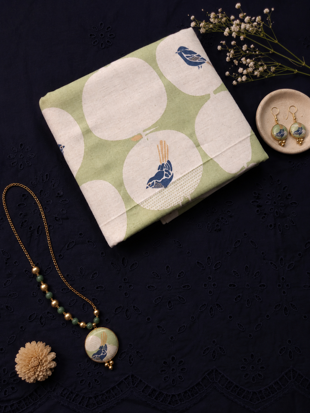 Navy Blue Cotton Poplin Schiffli Bottom with Cotton Linen Printed Kurta Fabric