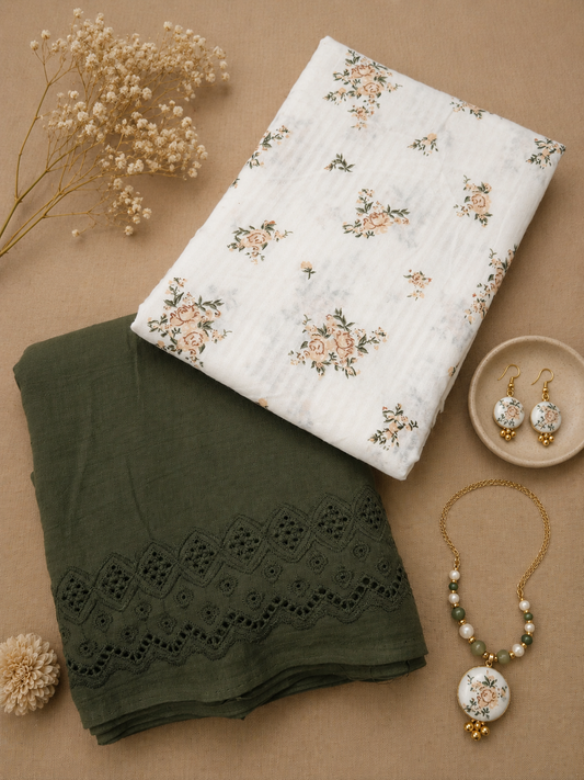 White Floral Cotton Kurta Fabric with Olive Green Cotton Schiffli Bottom