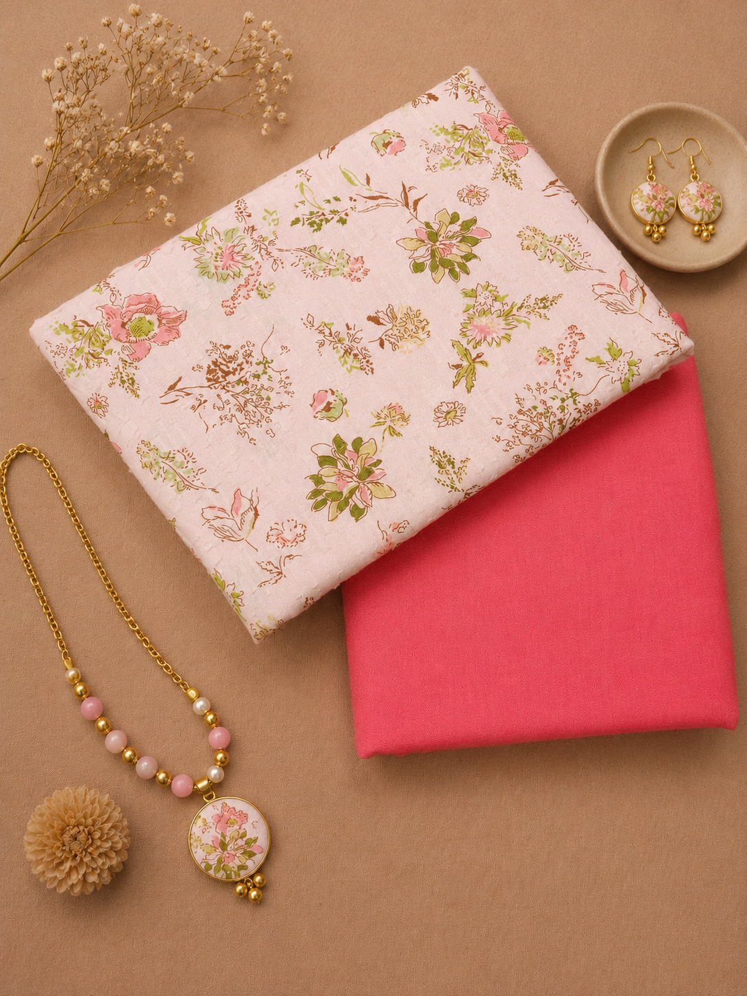 Pink Floral Self Print Cotton Kurta Fabric with Pink Cotton Linen Bottom