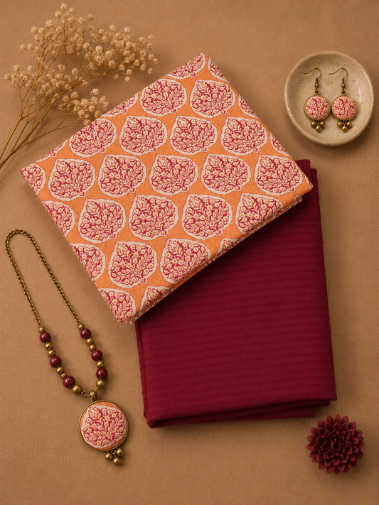 Peach Printed Cotton Linen Kurta Fabric with Maroon Cotton Bottom