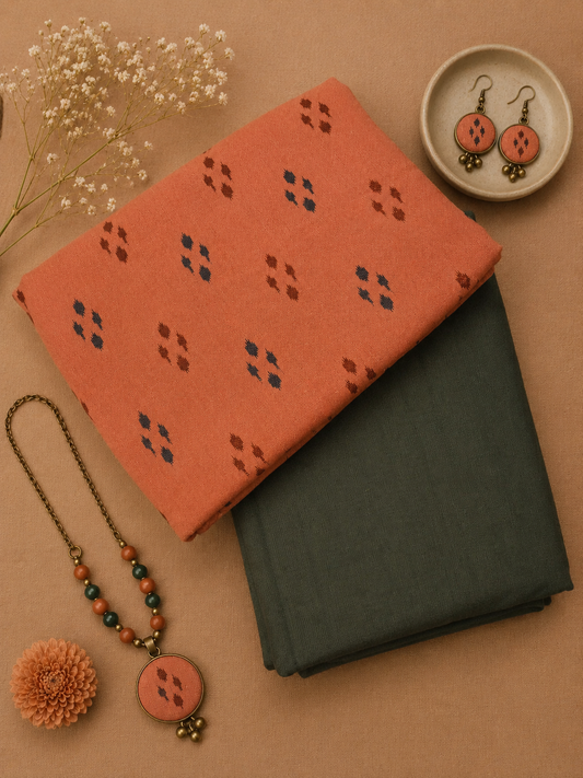 Rust Orange Ikat Print Cotton Linen Kurta Fabric with Olive Green Cotton Linen Bottom