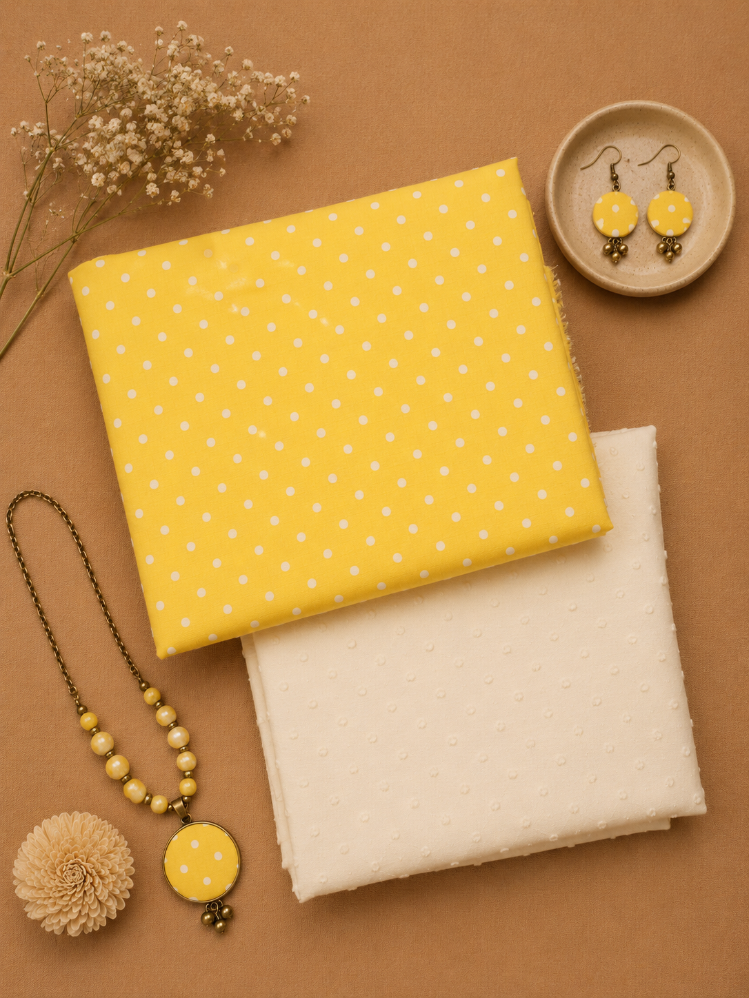Yellow Polka Dot Cotton Kurta Fabric with White Self Cotton Bottom