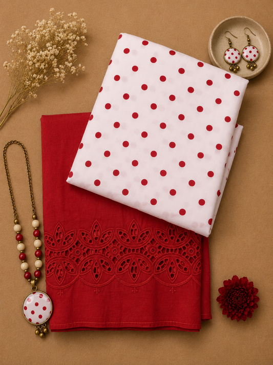 Pink Polka Dot Cotton Poplin Suit Set with Schiffli Border Bottom