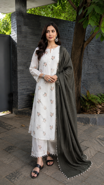 Olive Grace Cotton Self Suit Set with Floral Cotton Check Dupatta