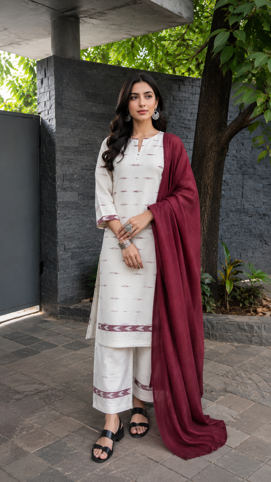 Heritage Weave Cotton Linen Suit Set with Kota Cotton Stole