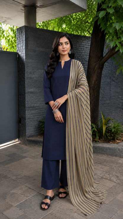 Indigo Elegance Rayon Suit Set with Navy Stripe Mulmul Dupatta