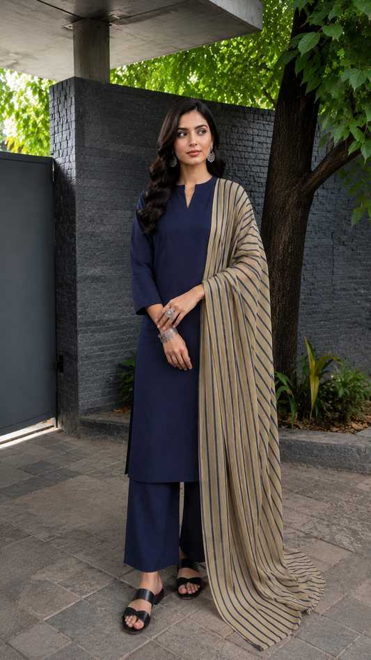Indigo Elegance Rayon Suit Set with Navy Stripe Mulmul Dupatta