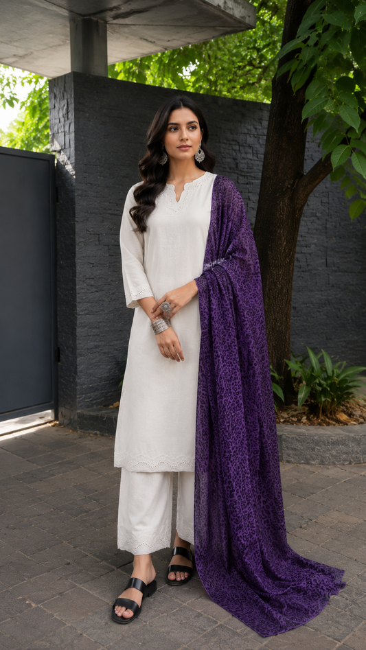 Cream Schiffli Cotton Suit Set with Leopard Print Muslin Dupatta
