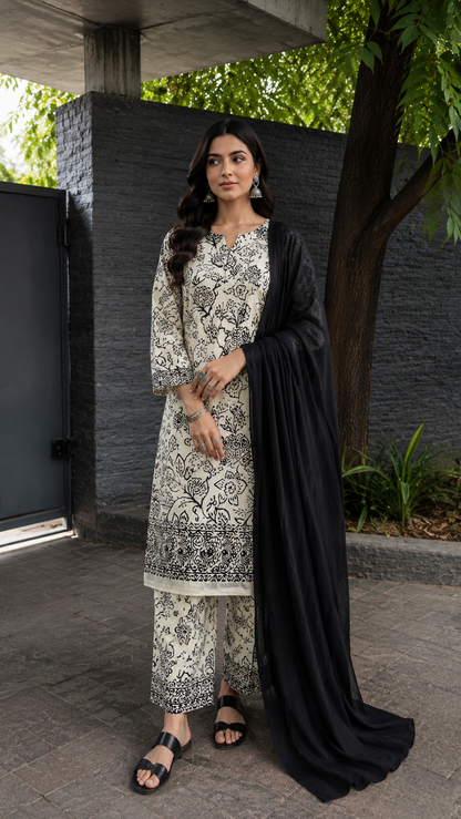 Monochrome Bloom Cotton Linen Suit Set with Black Mul Rayon Dupatta
