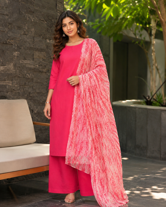 Coral Pink Modal Rayon Suit Set with Printed Chiffon Dupatta