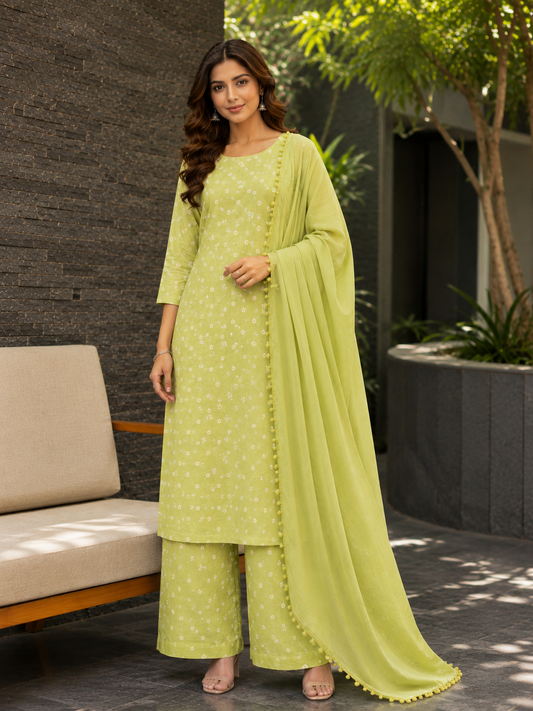 Ghiya Green Floral Cotton Silk Suit Set With Chinon Dupatta