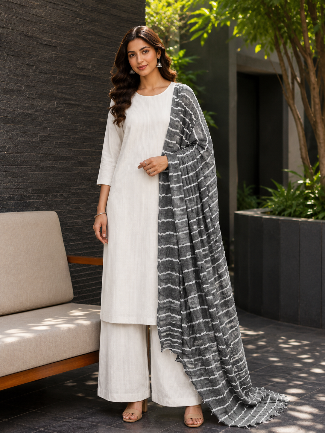 Modal Rayon Stripe Suit Set with Charcoal Grey Dupatta