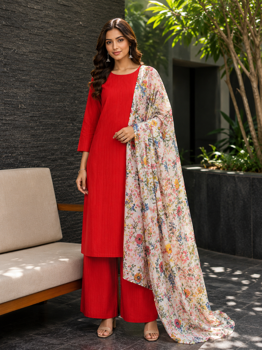 Premium Red  Cotton Suit Set with Grey FloralChiffon Dupatta