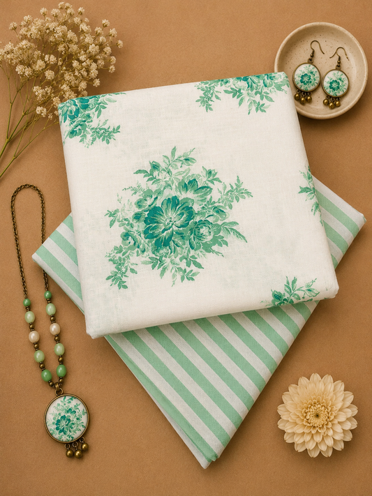 Mint Blossom Cotton Slub Printed Suit Set
