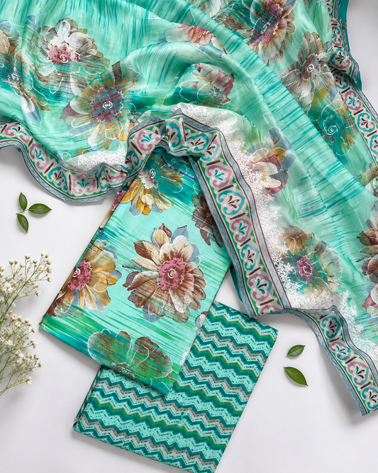 Aqua Green Floral Cotton Suit Set with Printed Mul Dupatta