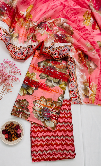 Coral Pink Floral Cotton Suit Set with Printed Mul Dupatta