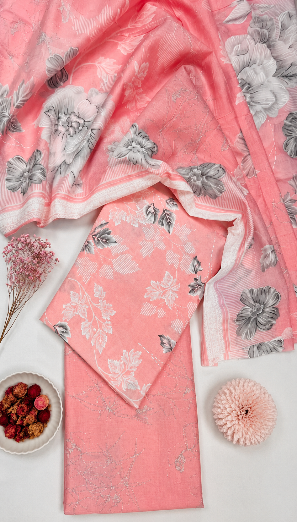 Peach Pink Floral Cotton Suit Set with Printed Mul Dupatta