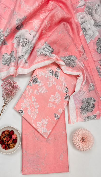 Peach Pink Floral Cotton Suit Set with Printed Mul Dupatta