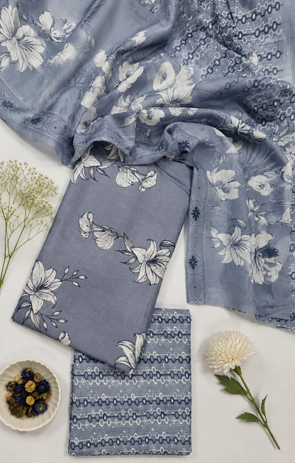 Premium Grey Floral Cotton Suit Set with Printed Mul Dupatta