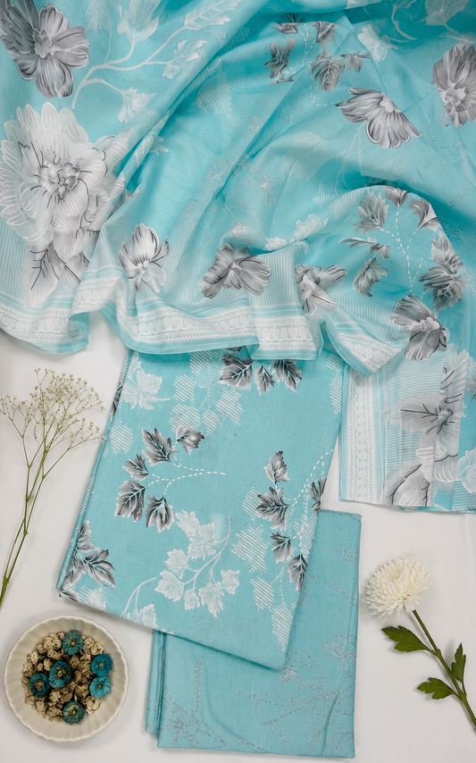 Aqua Bloom Cotton Suit Set with Silver Floral Bottom & Mul Dupatta