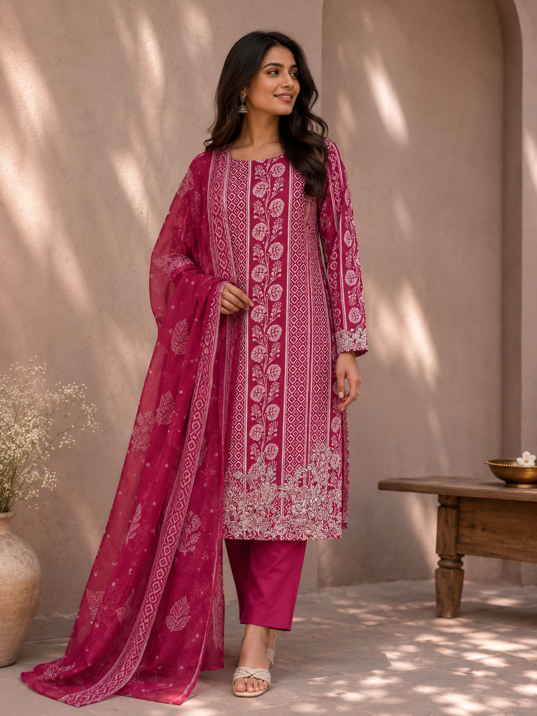 Rose Pink Cotton Suit Set with Pure Chiffon Dupatta