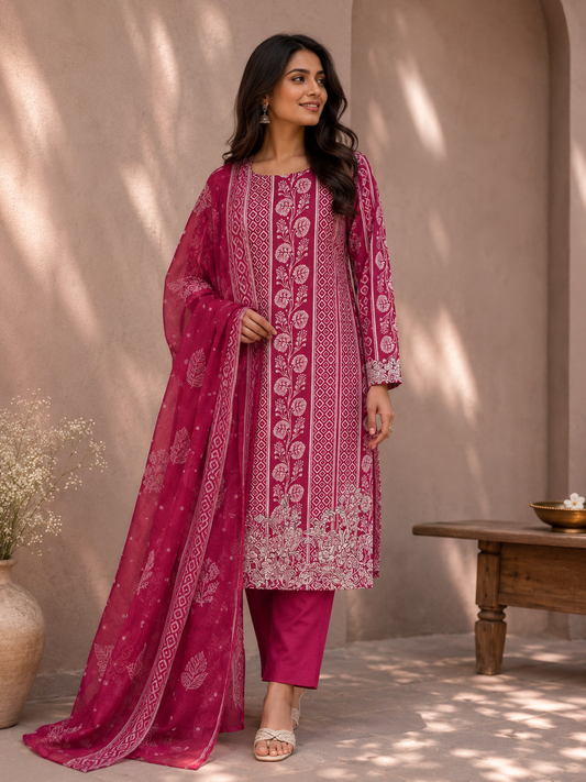 Rose Pink Cotton Suit Set with Pure Chiffon Dupatta