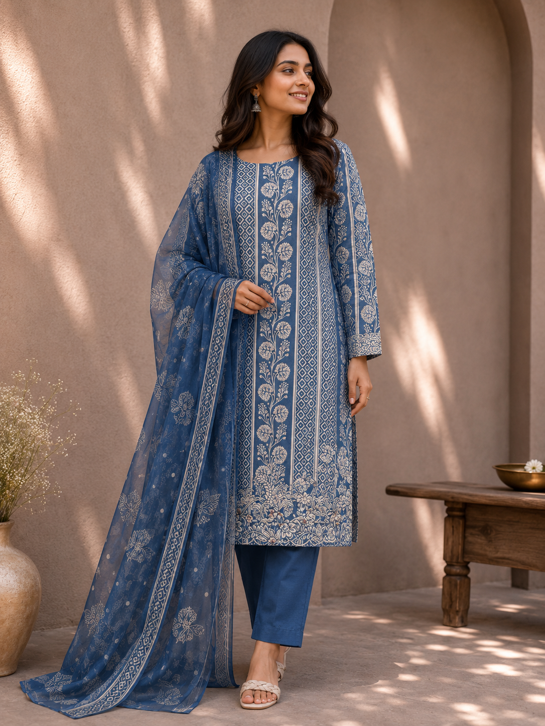 Dusty Blue Cotton Suit Set with Pure Chiffon Dupatta