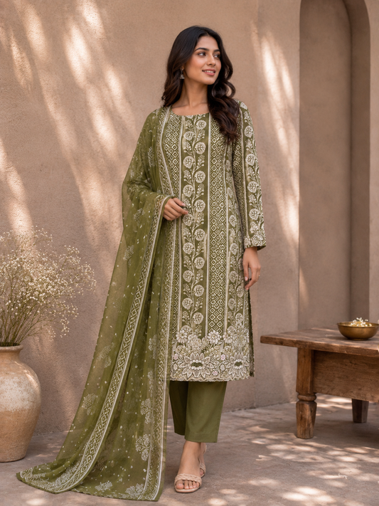 Olive Green Cotton Suit Set with Pure Chiffon Dupatta