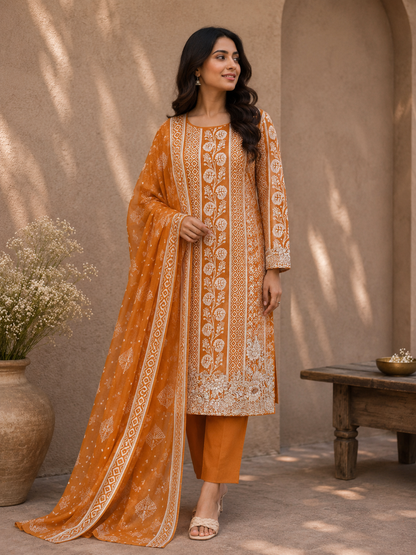 Mustard Yellow Cotton Suit Set with Pure Chiffon Dupatta