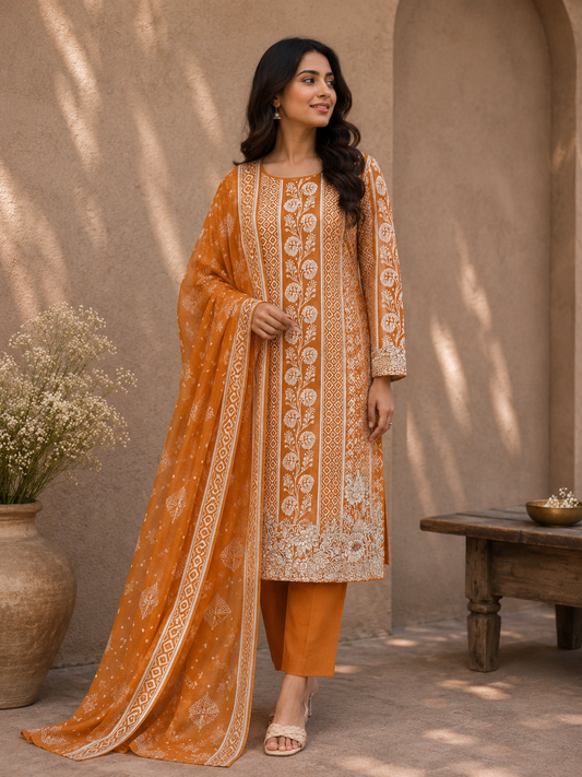 Mustard Yellow Cotton Suit Set with Pure Chiffon Dupatta