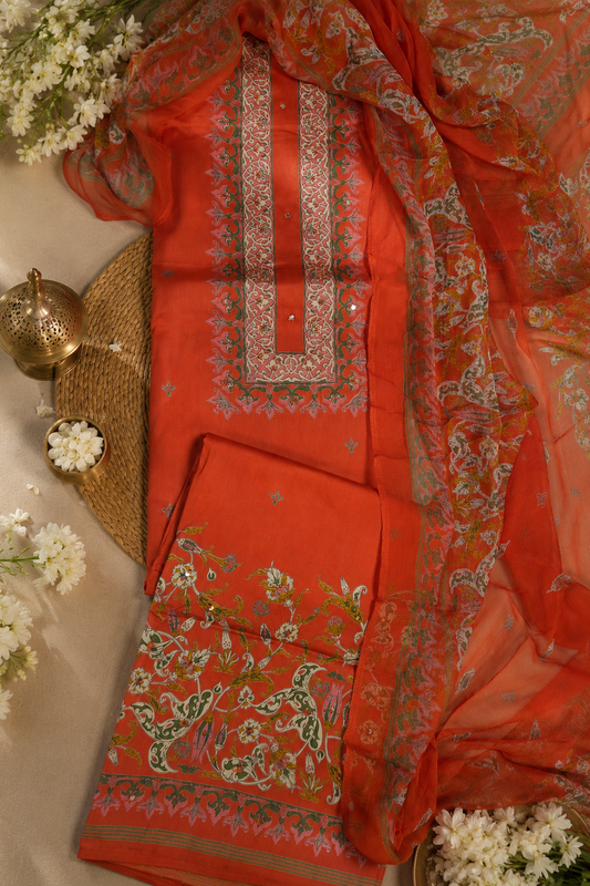 Coral Orange Cotton Suit Set with Pure Chiffon Dupatta