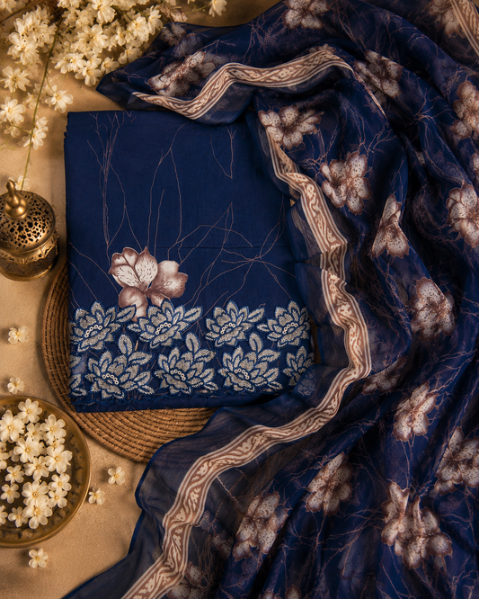 Royal Navy Blue Cotton Suit Set with Pure Chiffon Dupatta
