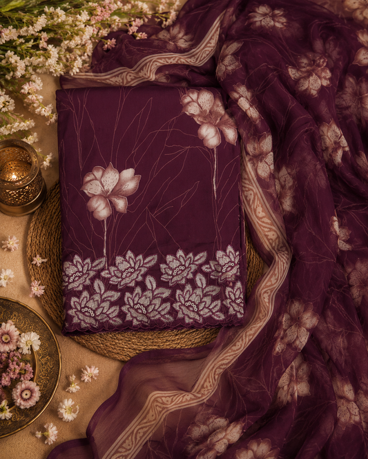 Wine Purple Cotton Suit Set with Pure Chiffon Dupatta