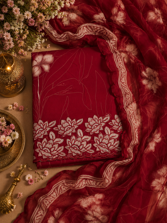 Ruby Red Cotton Suit Set with Pure Chiffon Dupatta