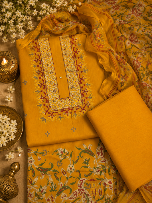 Mustard Yellow Cotton Suit Set with Pure Chiffon Dupatta