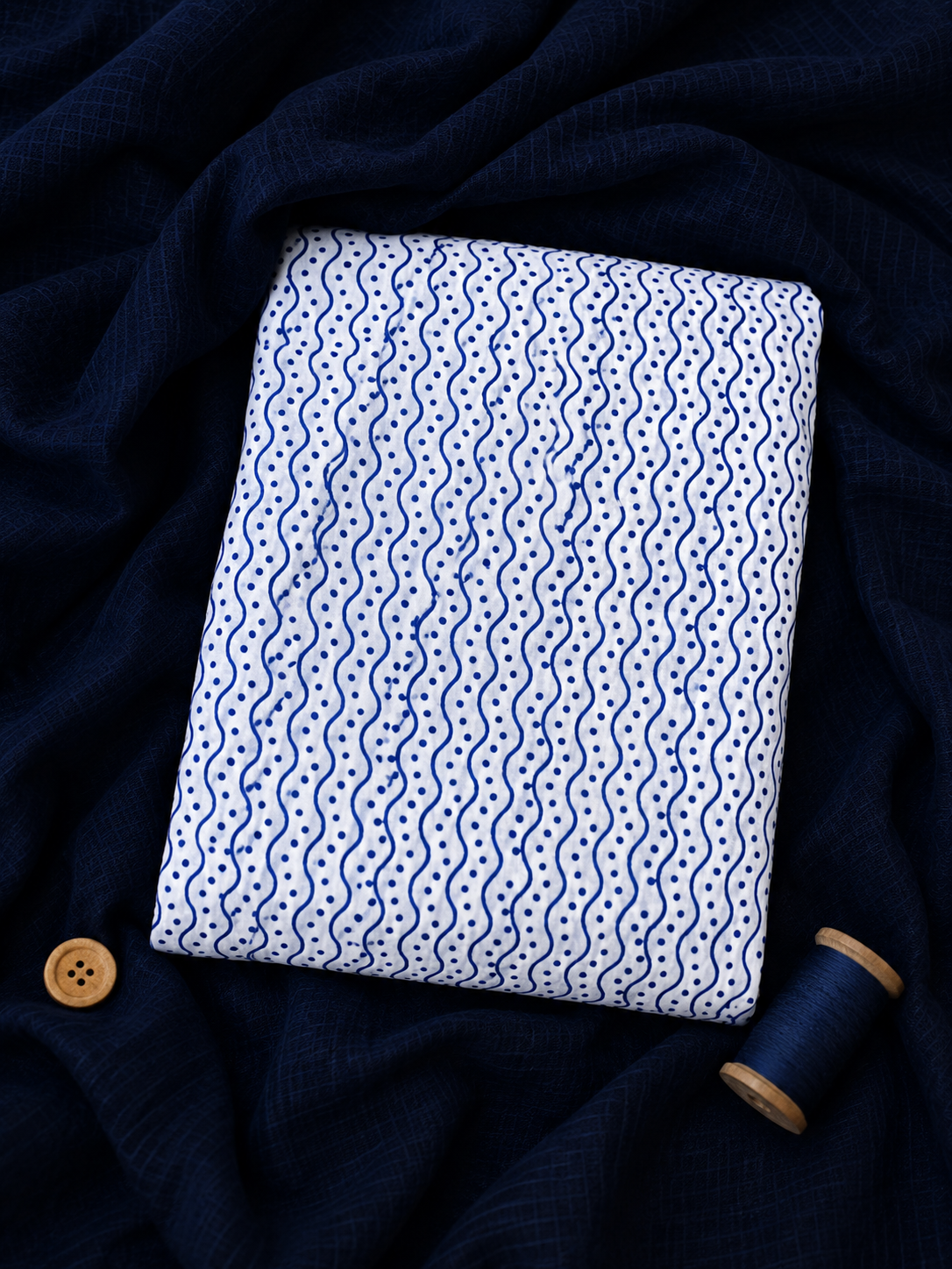 Navy Blue Cotton Linen All Over Suit with White Printed Kurta & Cota Doria Dupatta