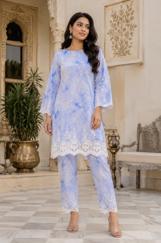 Ice Blue Rose Designer Border Rayon Schiffli Fabric