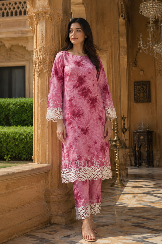 Dusty Rose Tie Dye Designer Border Modal Rayon Schiffli Fabric