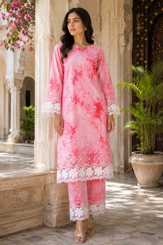 Rani Pink Designer Border Floral Lace Schiffli Fabric