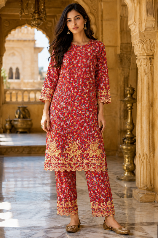 Designer Red Cotton Poplin Floral Print with Embroidered Designer Border Schiffli
