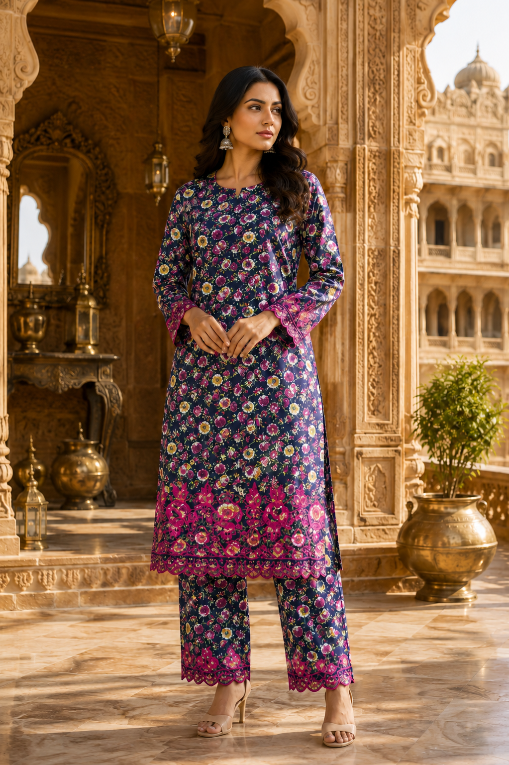 Designer Navy Blue Cotton Poplin Floral Print with Magenta Embroidere Designer border Schiffli