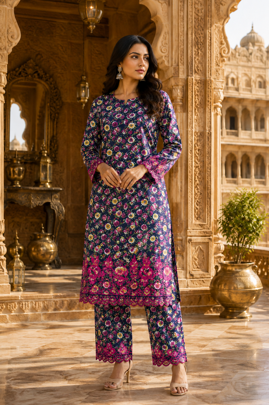 Designer Navy Blue Cotton Poplin Floral Print with Magenta Embroidere Designer border Schiffli